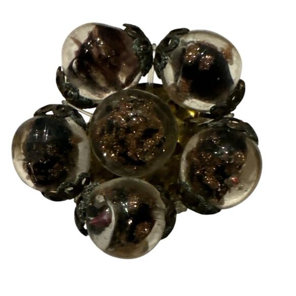 Vintage glass bead cluster clip earrings, brown marked made in Italy - Picture 1 of 12